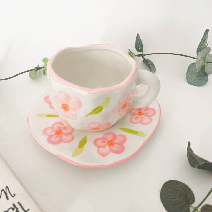 Chow's Stories – wholesale Coffee mug – Pink flower ceramic mug and saucer, Folk hand painted mug1