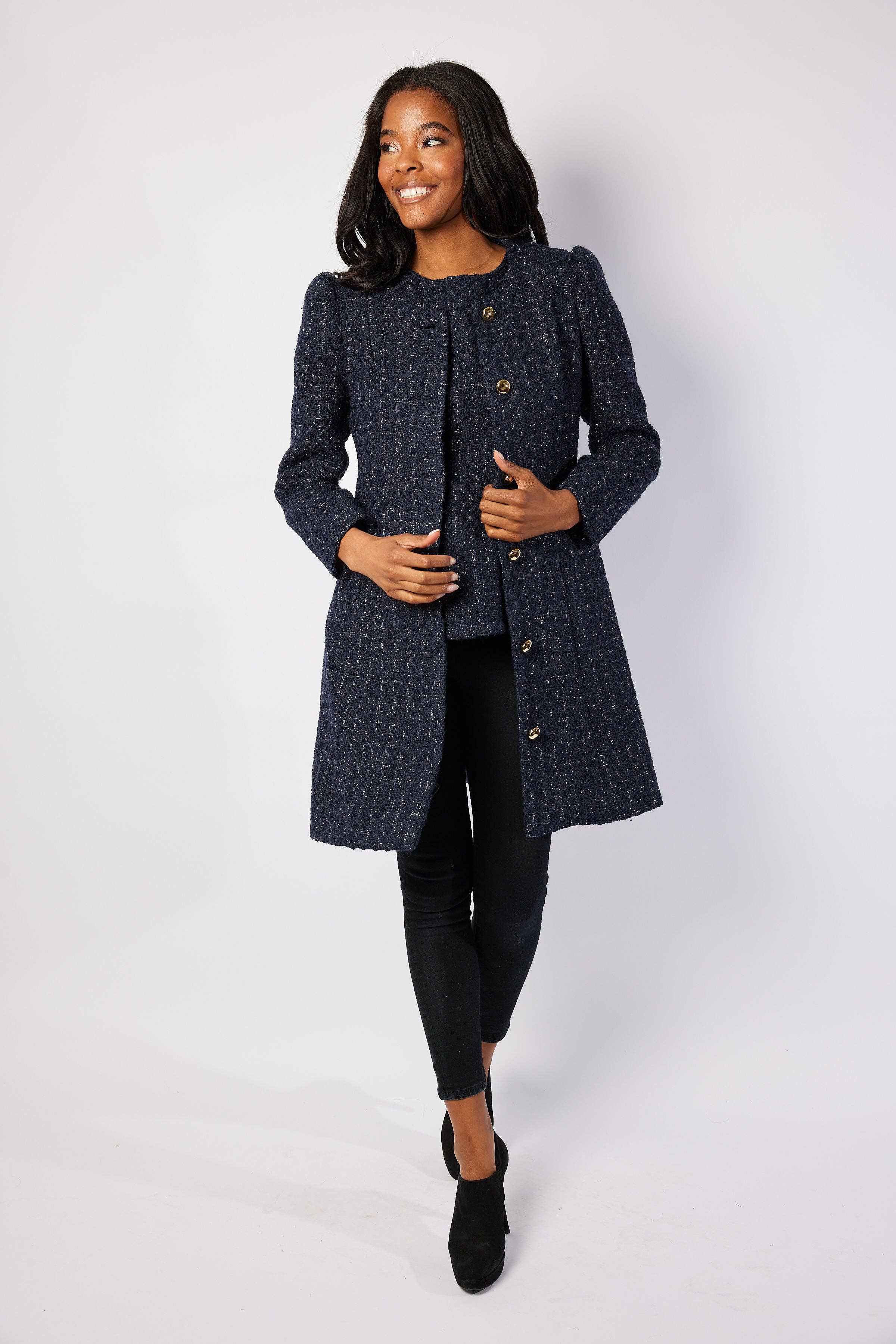 Navy Metallic Tweed Button Front Coat for wholesale on Faire5