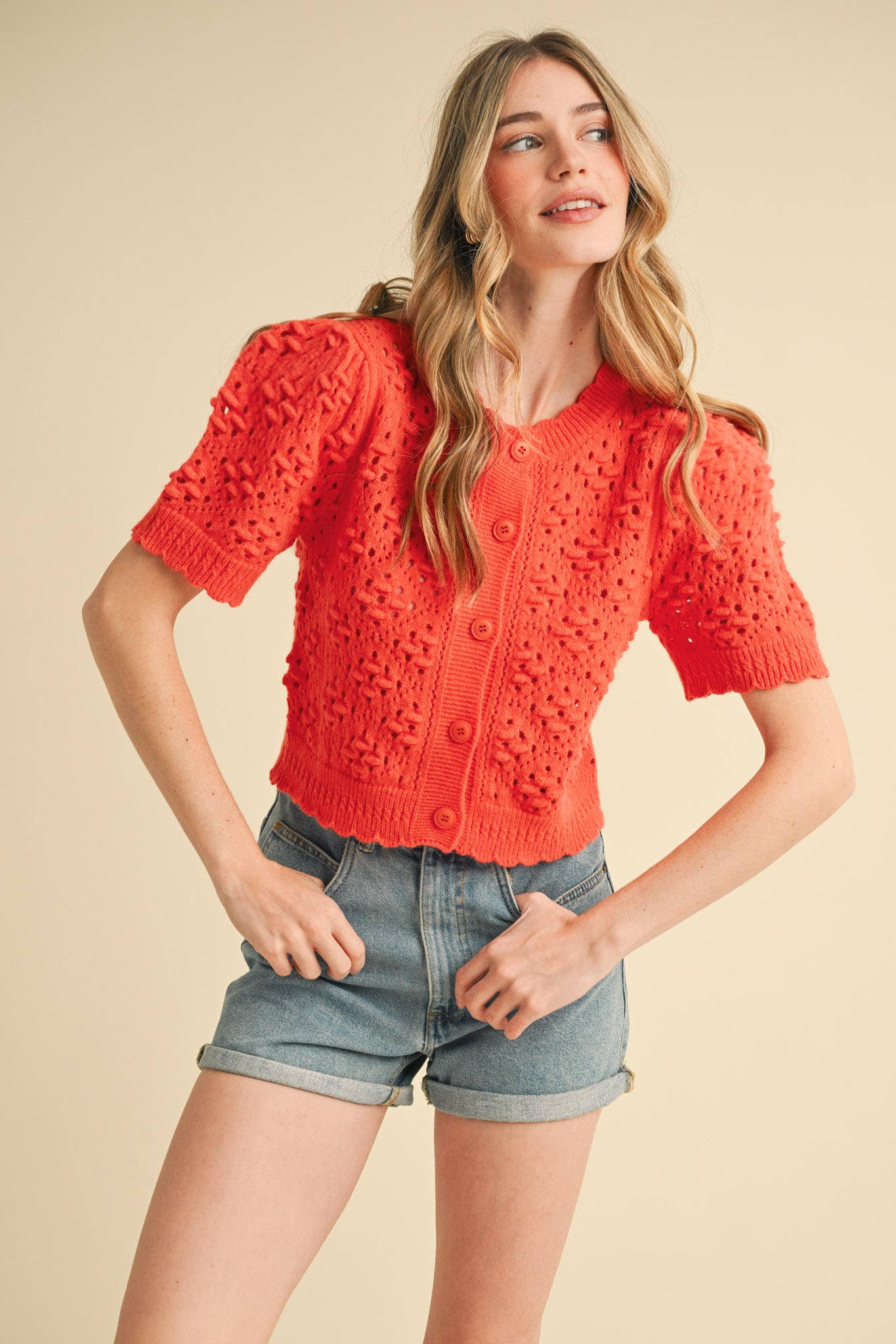 &MERCI - Wholesale Cardigan - Women's - CROPPED POINTELLE BUTTON DOWN SWEATER CARDIGAN MSW1085721