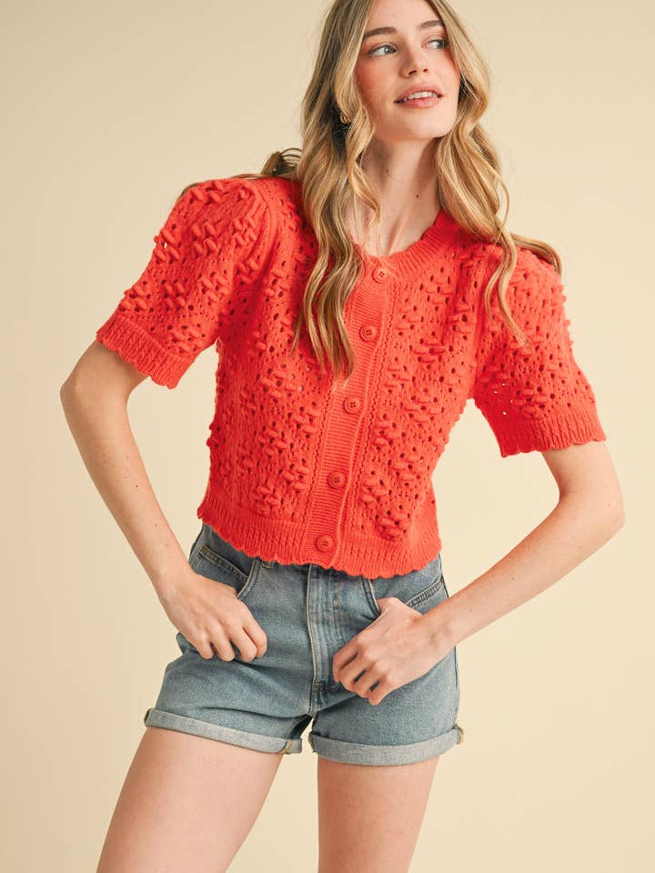 &MERCI - Wholesale Cardigan - Women's - CROPPED POINTELLE BUTTON DOWN SWEATER CARDIGAN MSW1085721