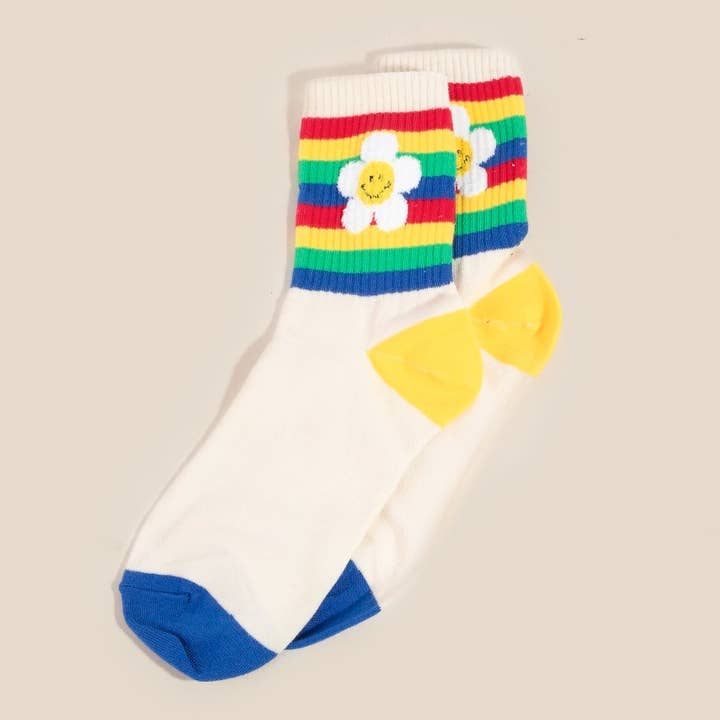 Rainbow Flower Striped Happy Face Socks for wholesale by Anarchy Street