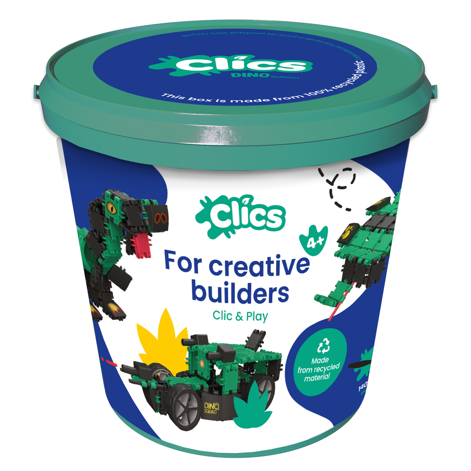 CLICS NV – Großhandel Baukasten – Kinder – Clics Bucket 6 in 1 Dino - hergestellt aus recyceltem Material1