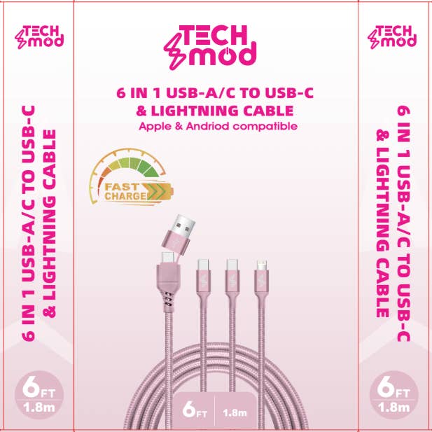 4-i-1 USB-A/USB-C-kabel – USB-C + Iphone– 1,8 m Rosa för wholesale av LAX Gadgets