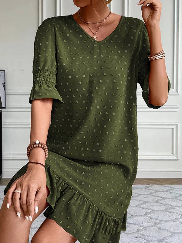 Plush Looks – Großhandel Kleid – Damen – A-Linien-Minikleider mit ausgestellten Ärmeln und elastischem Jacquardplissee, einfarbig, mit geteilten Gelenken und V-Ausschnitt5