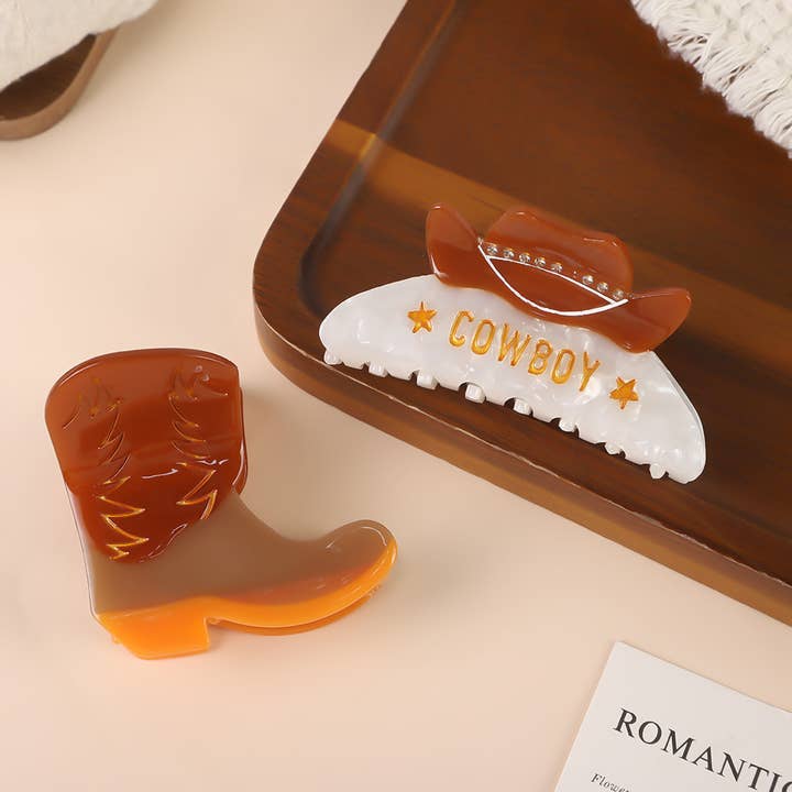 Western Cowboy Boot Hat Acetate Hair Claw Clip for wholesale by SoapElenGlen