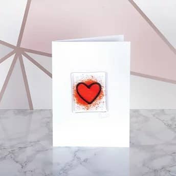 Pam Peters Designs – wholesale Love card – Handmade Fused Glass Greeting Card - Red Heart Card
