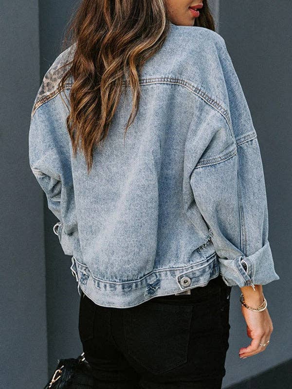 LIGHT BLUE Long Sleeves Loose Contrast Color Leopard Split-Joint Lapel Jackets Outerwear for wholesale on Faire6