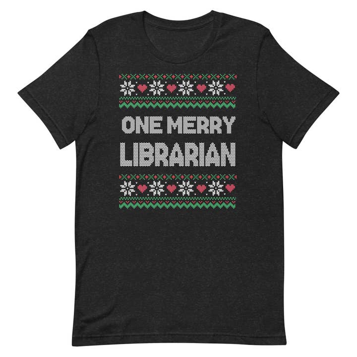 Merry Christmas Librarian Ugly Sweater Short Sleeve Tshirt for wholesale by Keen Bee Studio