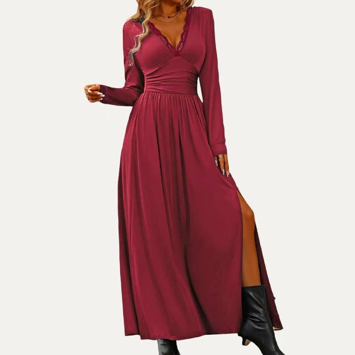 The Moment Collection - Wholesale Dress - Women's - Solid Soft Stretchy Plunging Neck Long Sleeve Maxi Dress