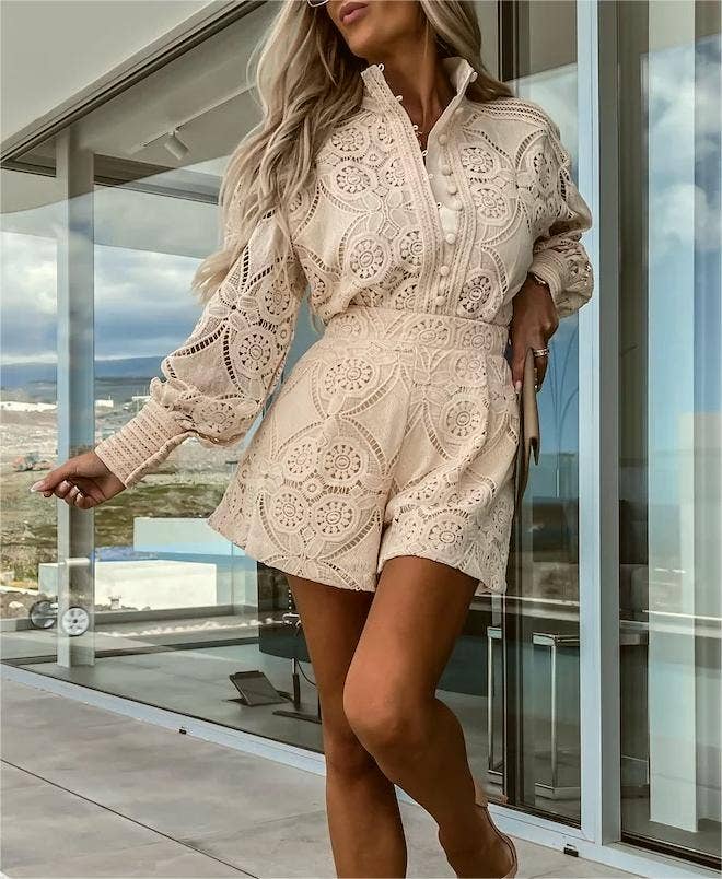 Rosa Clothing - Wholesale Top & Short Set (NOT Loungewear) - Women's - Cut out lace boho shirt top shorts sets3