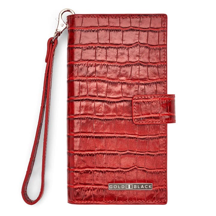 Trillion Wallet with Mobile Phone Compartment in Croc Embossed Leather Red for wholesale by GOLDBLACK