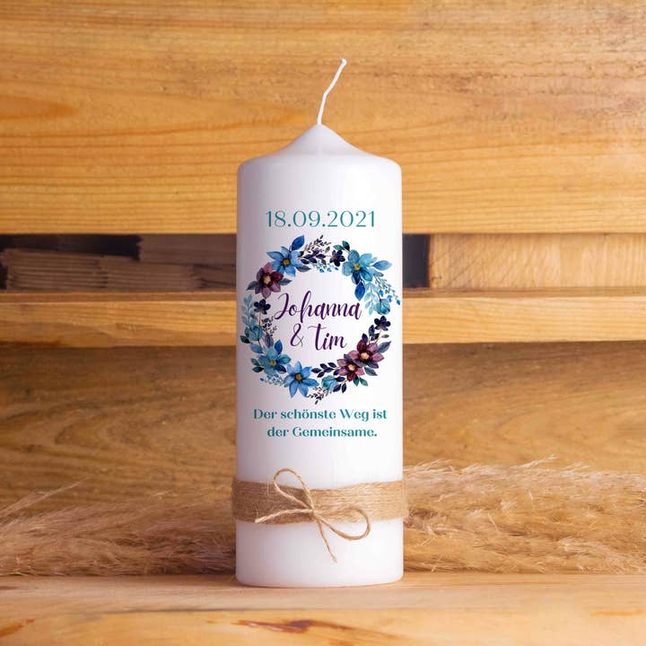 Wedding Candle | Blue Blossoms | Personalized for wholesale by Die Kerzenwerkstatt