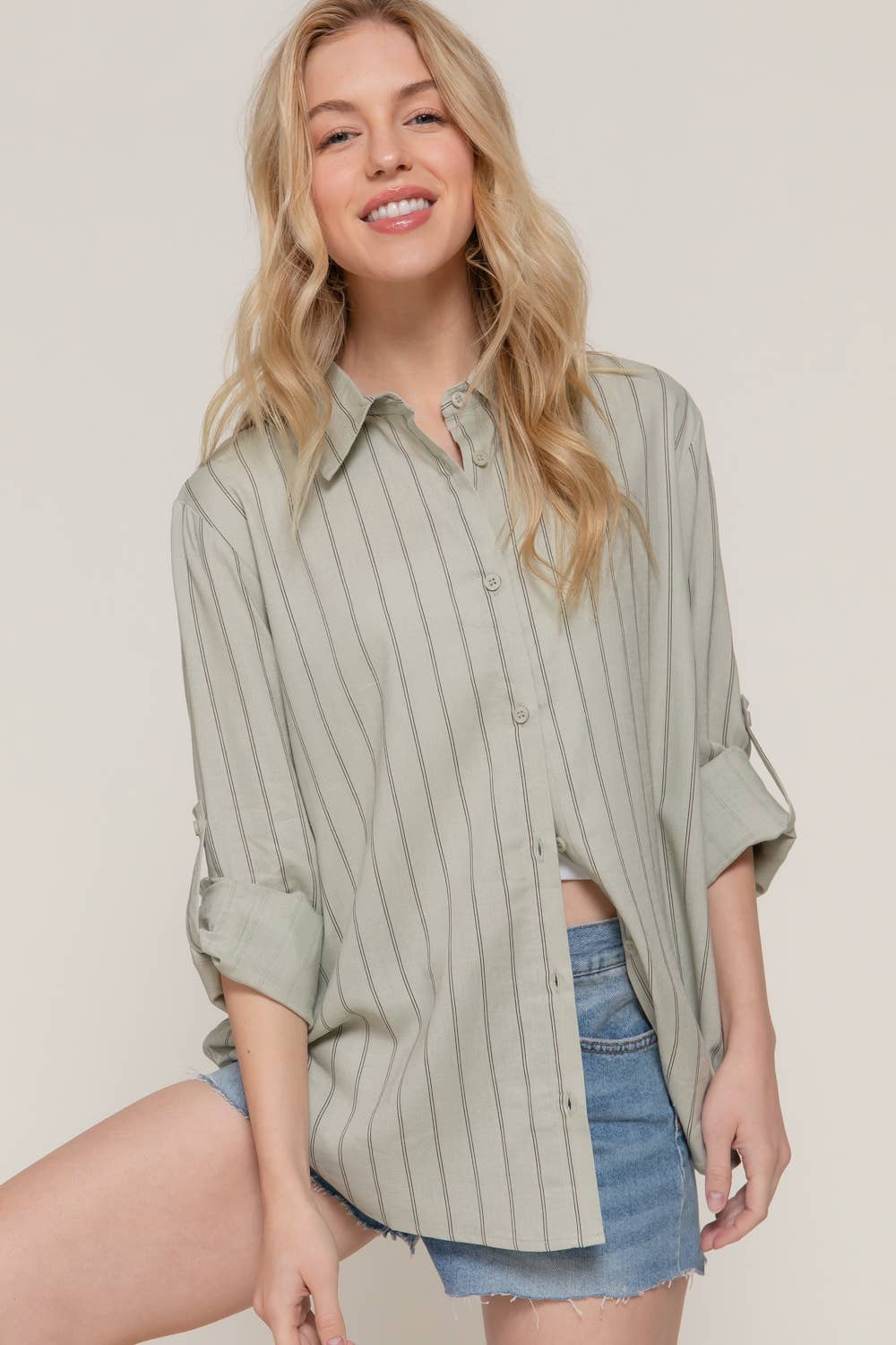 Active Basic | Active USA - Wholesale Button Down Shirt - Women's - Long Sleeve Button Down Stripe Linen Oversized Shirt20