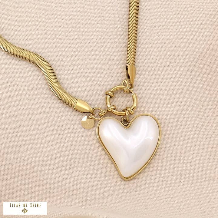 White Steel necklace flat snake chain heart 0125051 for wholesale on Faire1