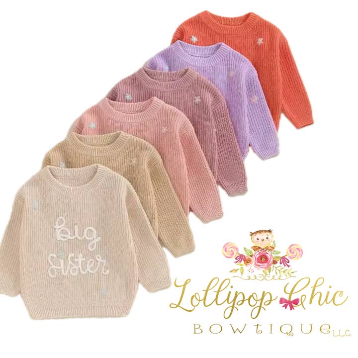 Big Sister Toddler Girl Embordered Sweater for wholesale by Lollipop Chic Bowtique LLC