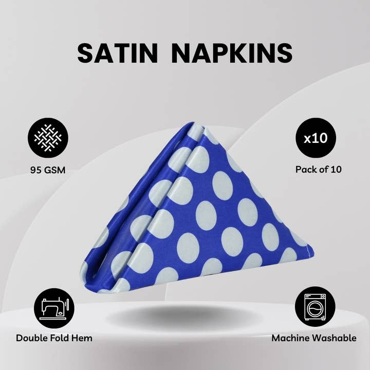 YOUR CHAIR COVERS - Wholesale Dinner & Cloth Napkin - 20 inch Satin Cloth Napkins Royal Blue and White Polka Dots (Pack of 10)