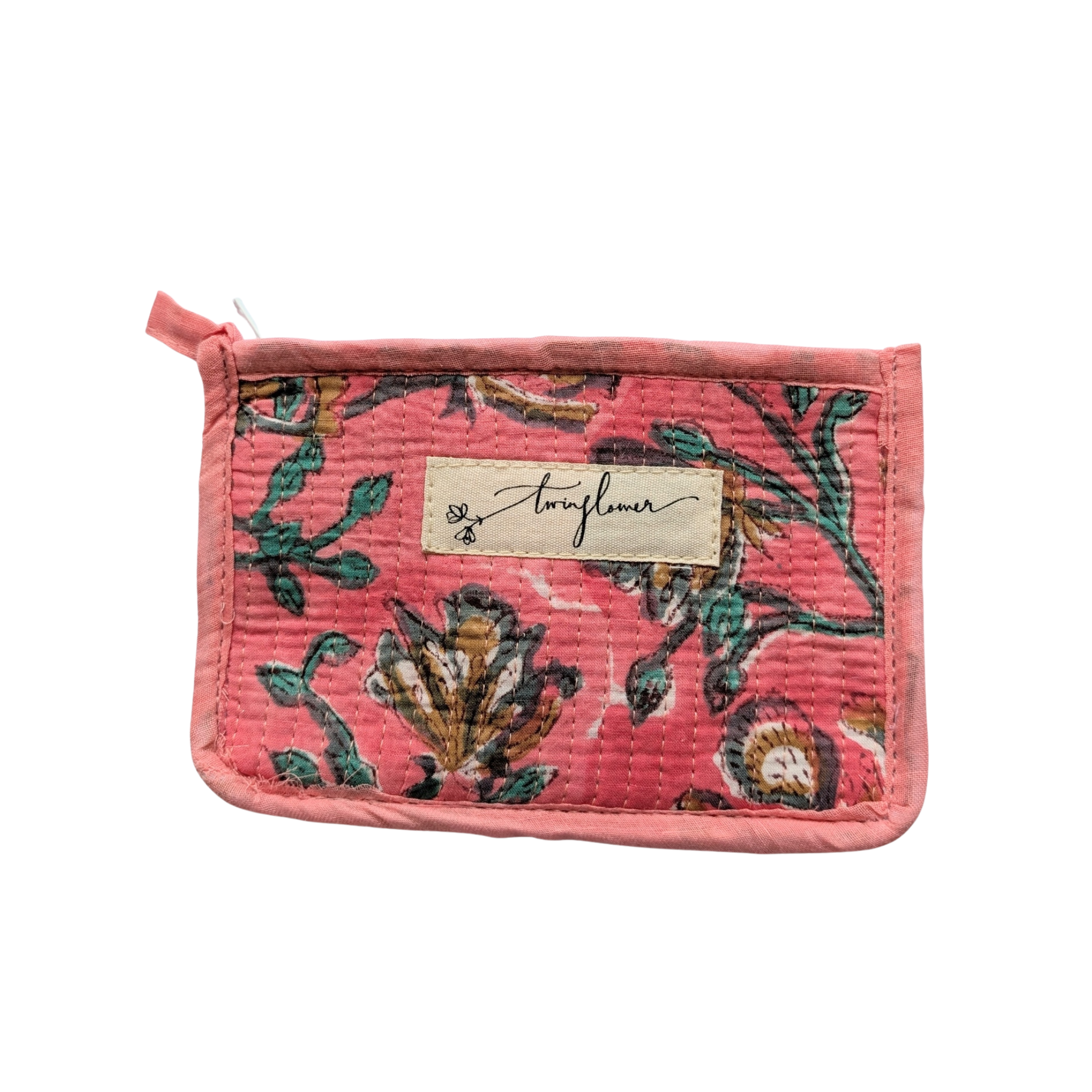 Twinflower – wholesale Coin purse – Women’s – Pink Floral Block Print Quilted Small Pouch Purse 0