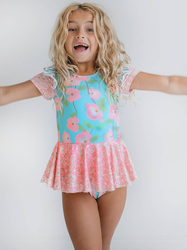Oopsie Daisy - Wholesale Leotard - Kids - Kids Pink & Blue Blossom Floral Dance Tumble Skirted Leotard