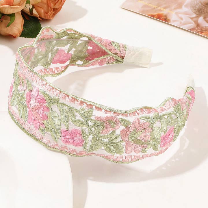 ACCITY - Wholesale Fashion Headband - Women's - MESH EMBROIDERED FLOWER HEADBAND_CWAHA16511