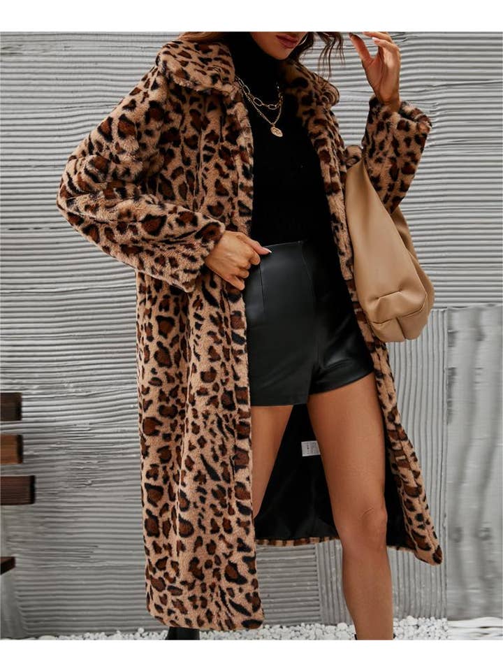 brown Winter midi plush leopard print faux fur coat cardigan for wholesale on Faire4