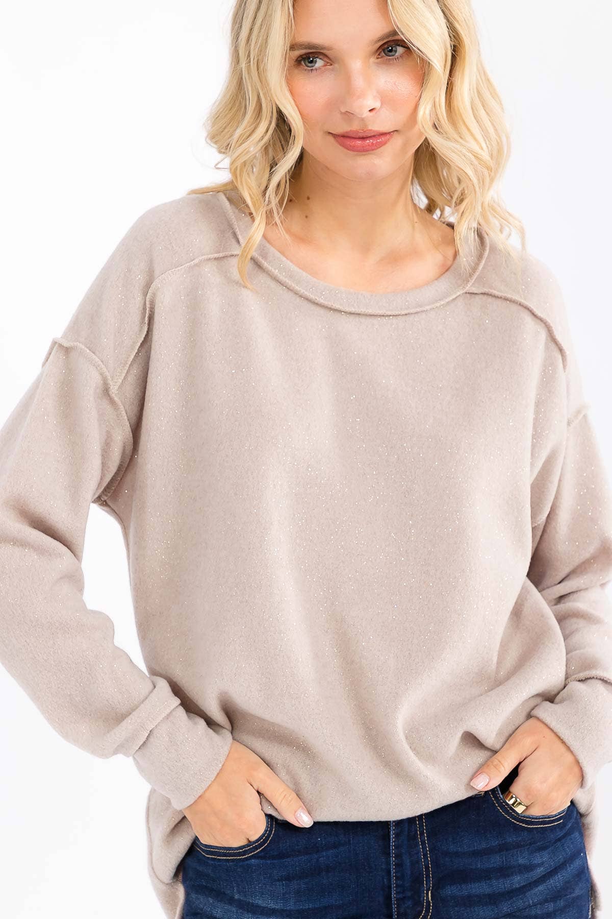 7th Ray - Vendita all'ingrosso Felpa - Donna - Top Pullover con Accenti Glitterati in Metallo Morbido Spazzolato T604615