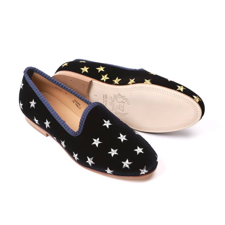 Women's Navy Velvet Gold & Silver Star Slipper for wholesale by Del Toro Shoes