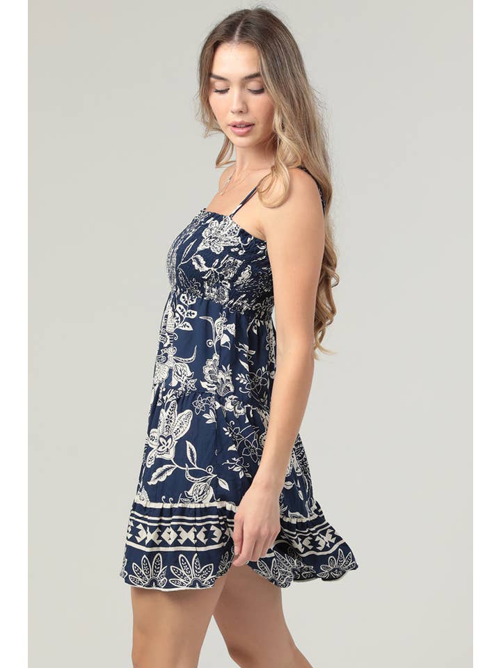 ANGIE - Wholesale Dress - Women's - F4H55-FQ78SPAGHETTI STRAP FLORAL TIERED DRESS WITH SMOCKING