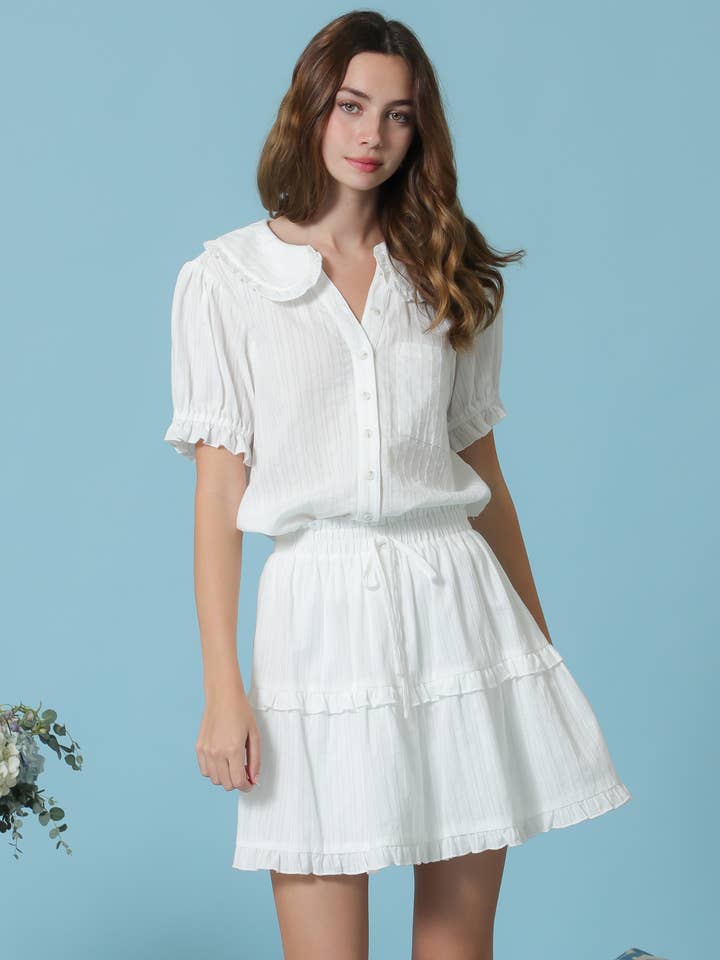 Ruffled collar detail button down blouse tiered mini skirt for wholesale by Fleur d'Or