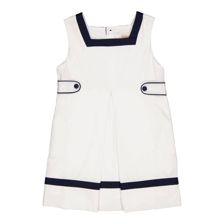 Bettytia, kjole i hvid og marineblå piqué bomuld for engroshandel hos Kidiwi handmade