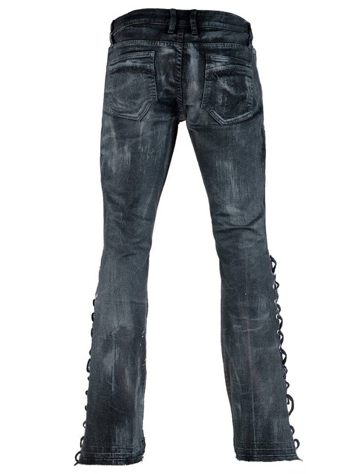 Blå Tvättade sidan snörning utsvängda jeans för wholesale på Faire