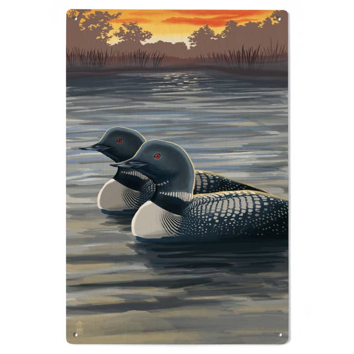 Arte su insegna in legno: Svassi e lago al tramonto per la vendita all'ingrosso da parte di Lantern Press