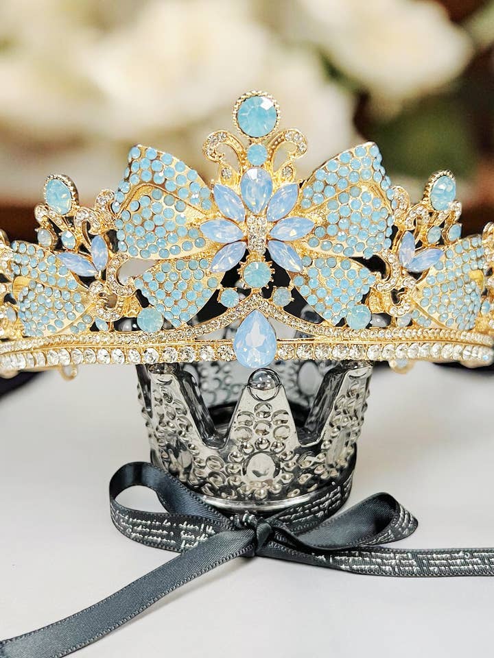 Flower Girl Hairpiece, Gold Tiara, Baby Blue Crystal Crown for wholesale by Happy Dream Gifts