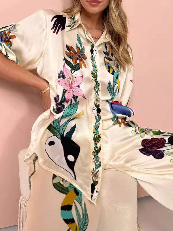 APRICOT Half Sleeves Loose Buttoned Flower Print Pockets Lapel T-Shirt Top + Drawstring Elasticity Pants Bottom Two Pieces Set for wholesale on Faire2