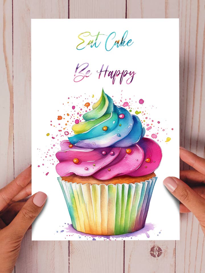 Spis kage og vær glad- Rainbow Cupcake Positivt lykønskningskort for engroshandel hos Homemade Hollydays Wholesale