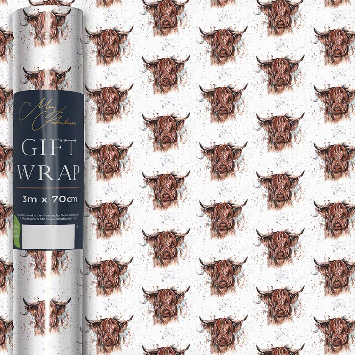 3m x 70cm Rol Inpakpapier Meg Hawkins Highland Cow - 30 Rollen voor wholesale door Deva Designs Ltd