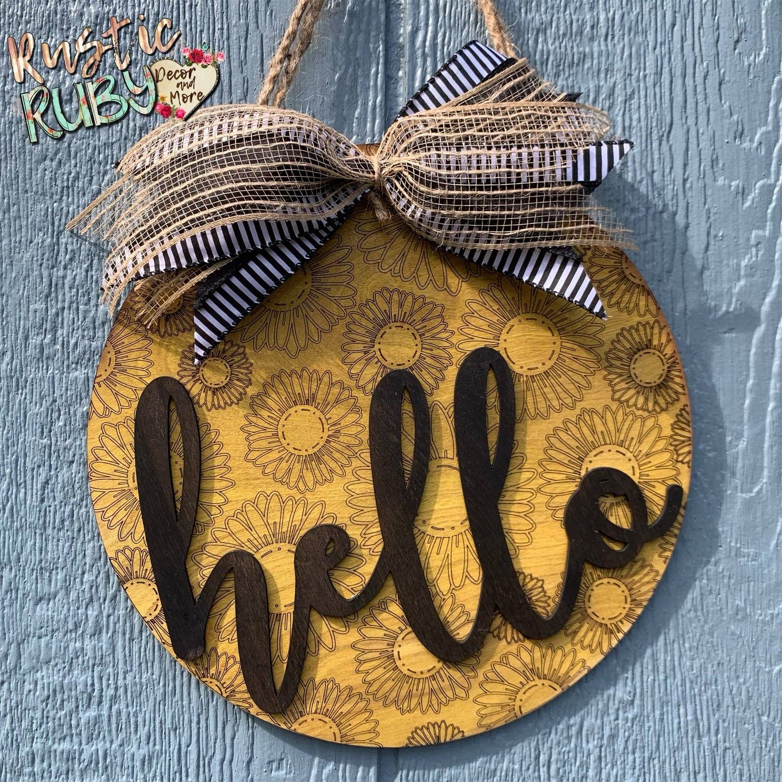 Rustic Ruby Decor and More LLC - Wholesale Door Hanger - Sunflower Engraved Hello Door Hanger3