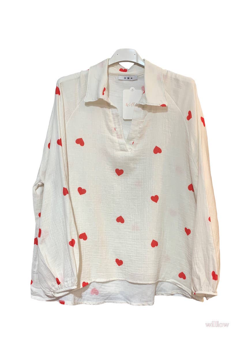 Moonsun - Wholesale Blouse - Women's - French collar allover heart print cotton gauze blouse4