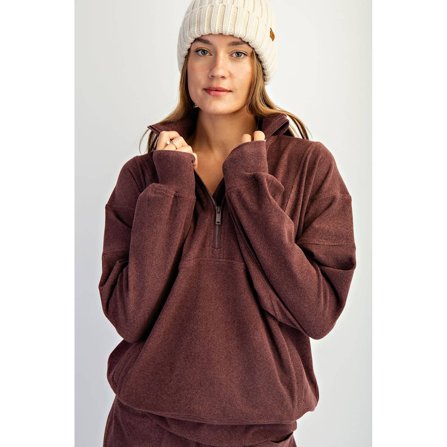 Rae Mode - Wholesale Lounge Top - Women's - BRUSHED RIB QUARTER ZIP PULLOVER