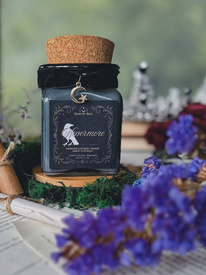 Nevermore Literary Candle with Charm- Smoked Lavender for wholesale by Keskiyön Hovi - The Midnight Court