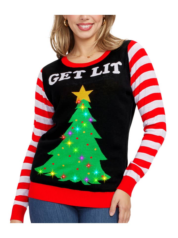 Tipsy Elves - Wholesale Tunic Sweater - Women's - Get Lit Women's Light Up Tree Ugly Christmas Sweater4