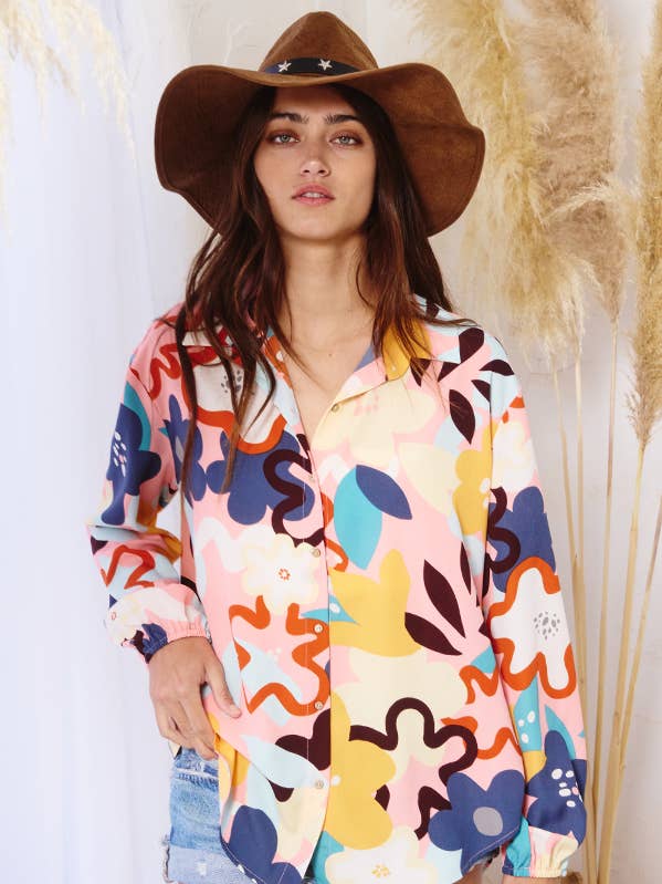 T1943 Floral Scarves Button-up Shirt Blouse for wholesale by BUCKETLIST INC