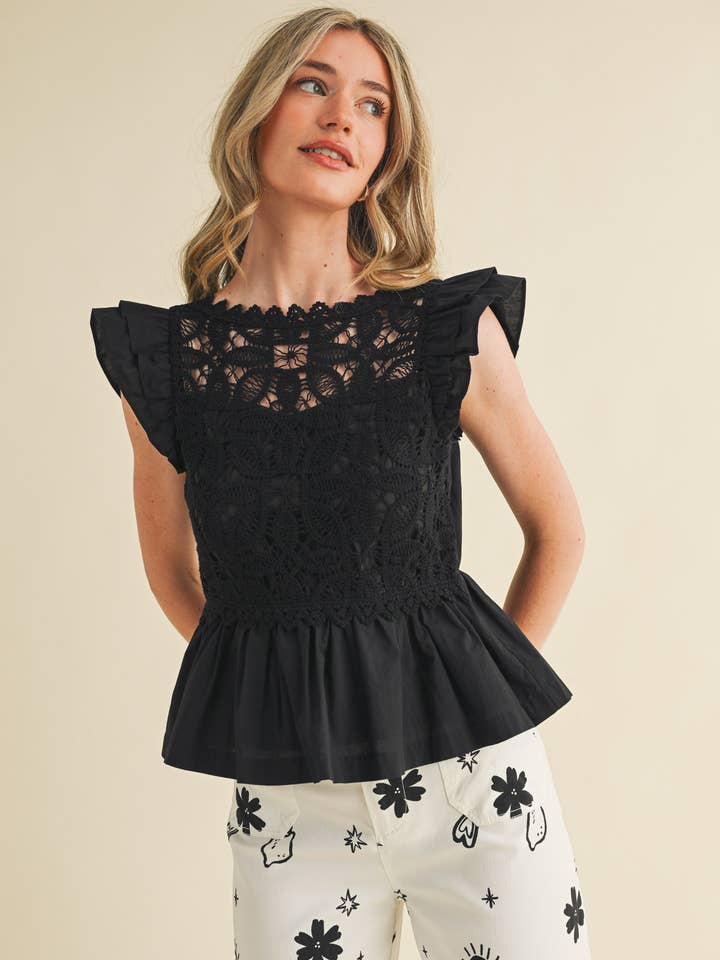 CROCHET LACE TRIM FLUTTER SLEEVE TOP MTP4040 for wholesale by &MERCI