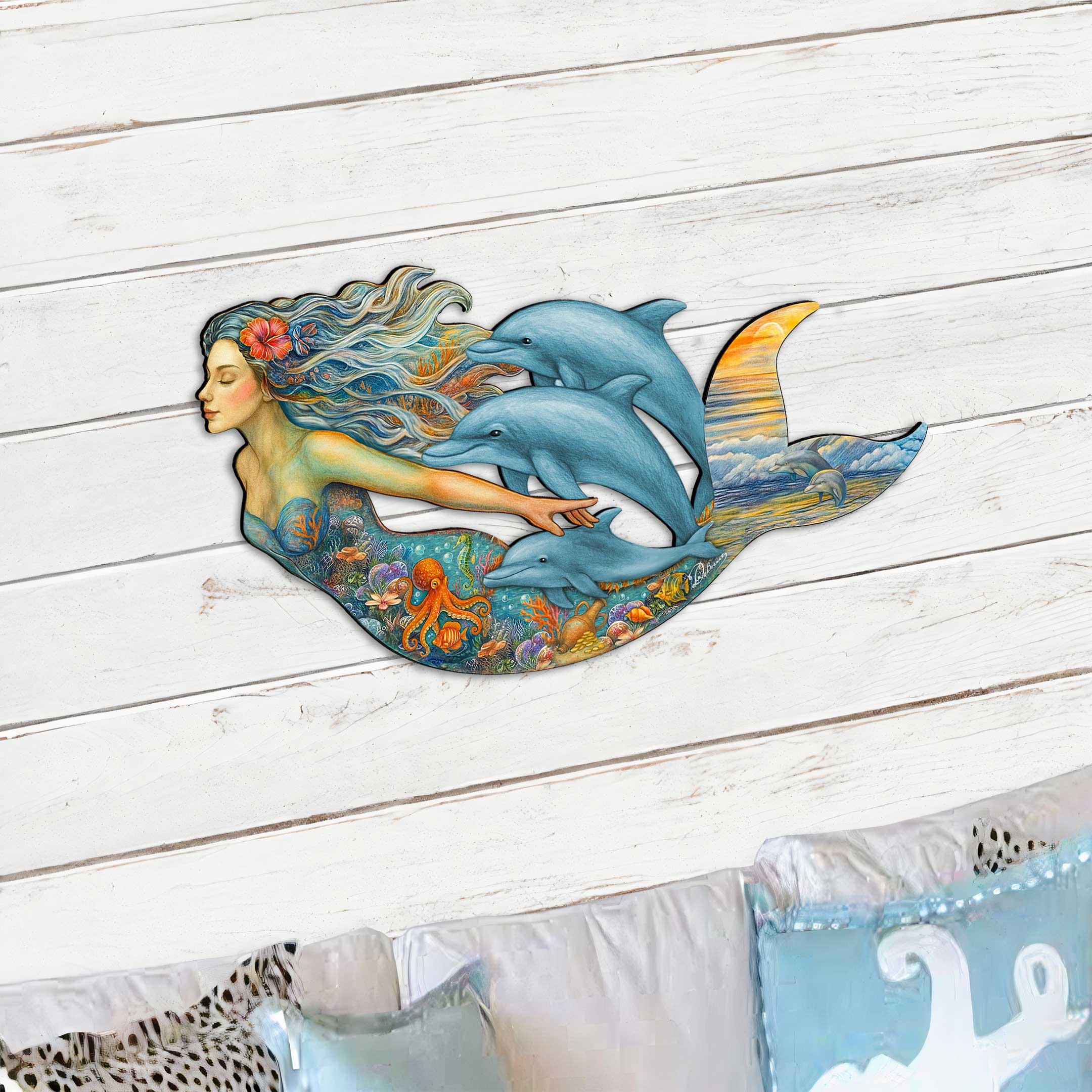 Designocracy - Wholesale Door Hanger - Mermaid & Dolphins Coastal Door Hanger - Handcrafted Ocean Fantasy Art Decor by G. DeBrekht - Coastal Holiday Decor - 81985143H2
