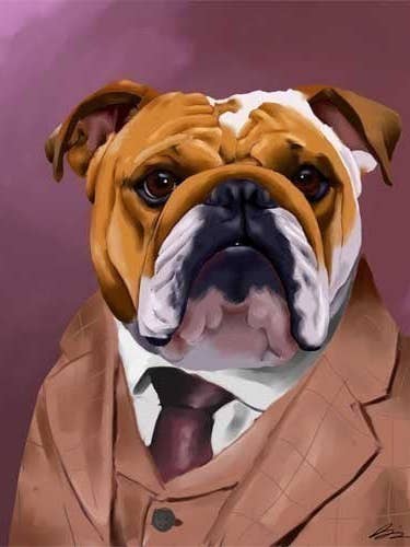 Impression artistique sur un bouledogue anglais, habillé pour une soirée pour la vente par Brian Rubenacker studios