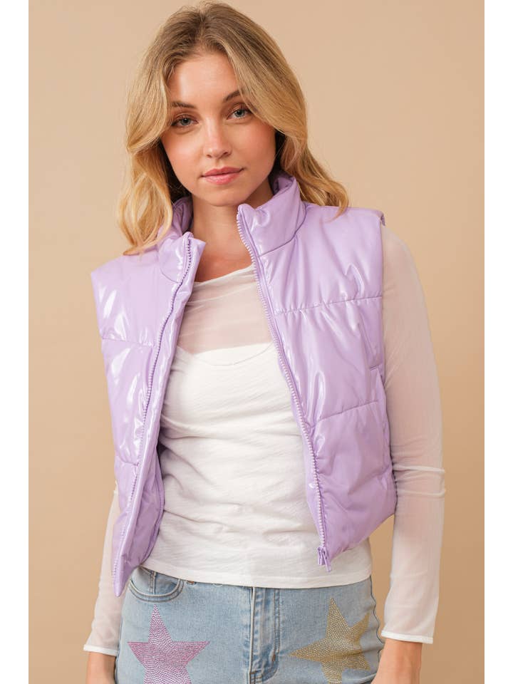Blue B - Wholesale Outerwear Vest - Women's - 22656J - Gloss Shiny PU Quilted Puffer Zip Up Crop Vest3