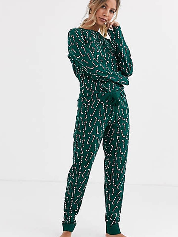Green Christmas Candy Cane Printed Top and Pants Lounge Set for wholesale on Faire2