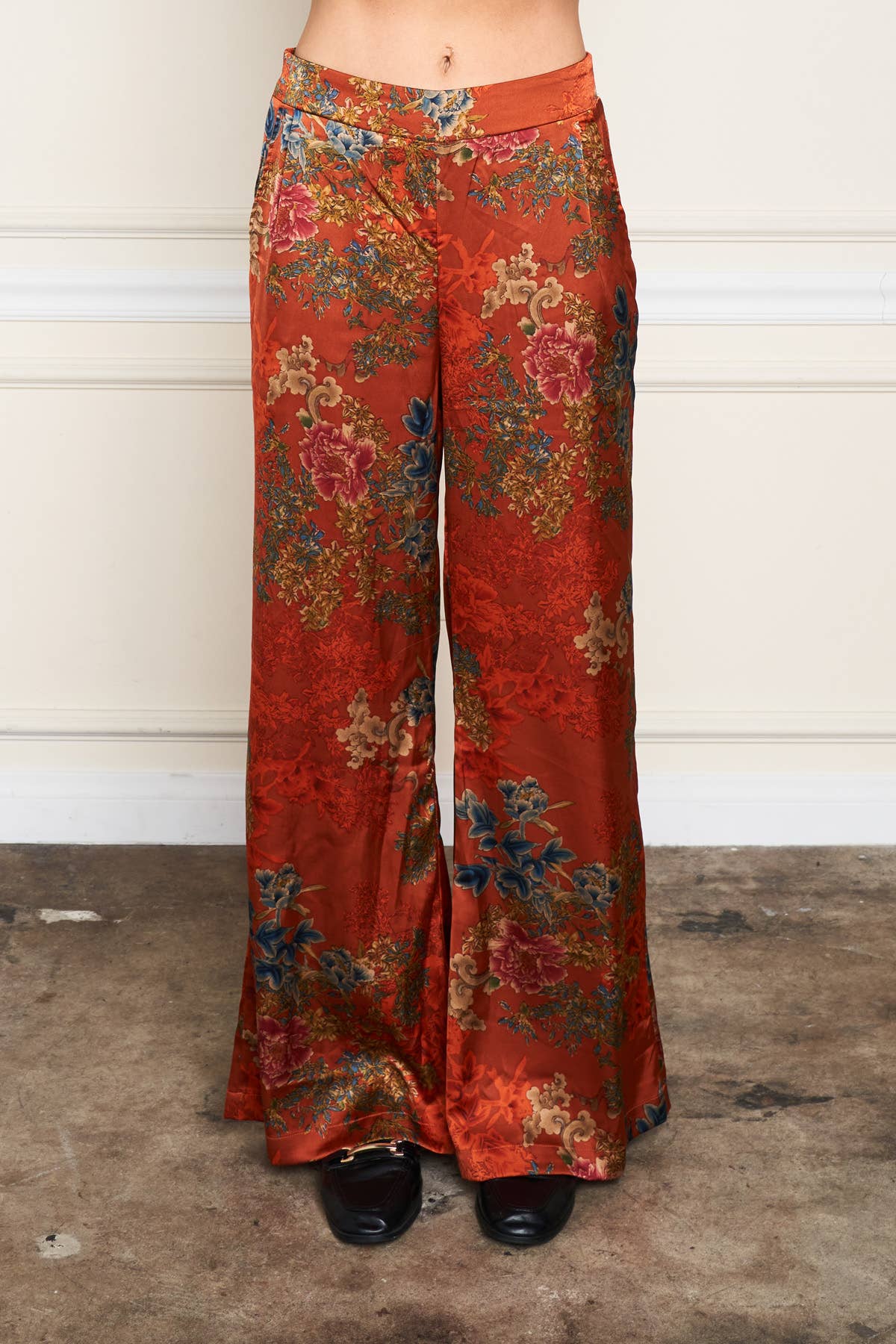 5771-MAP Satin Rust Print Palazzo Pant for wholesale on Faire1