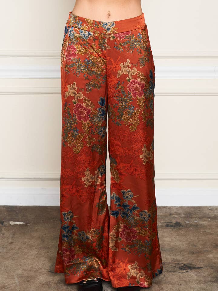 5771-MAP Satin Rust Print Palazzo Pant for wholesale on Faire1