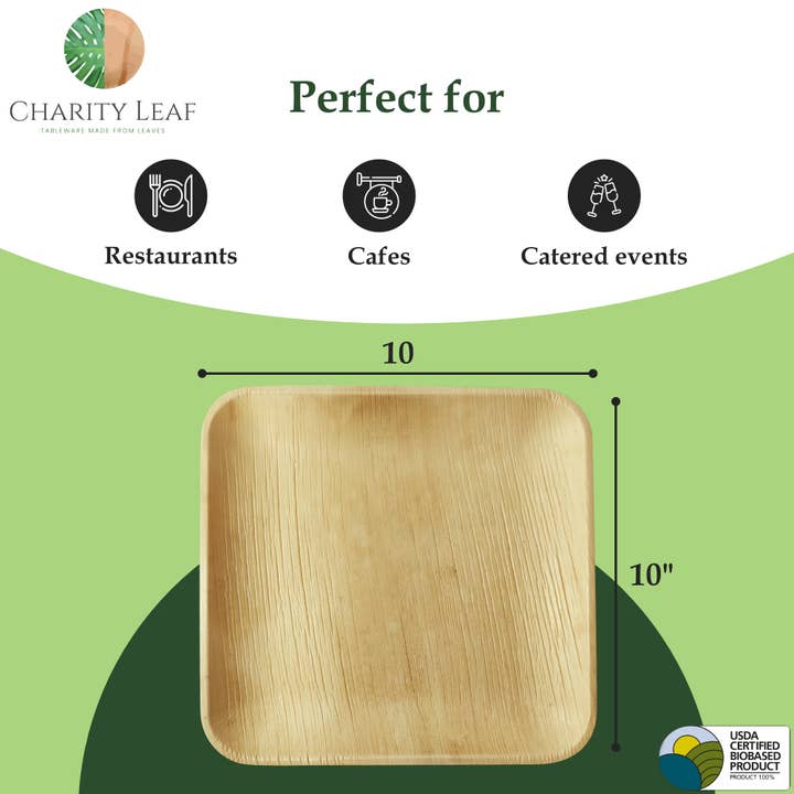 Charity Leaf - Wholesale Disposable Plate - Palm Leaf Square Plate - 10" Inch - Pack of 50 Plates