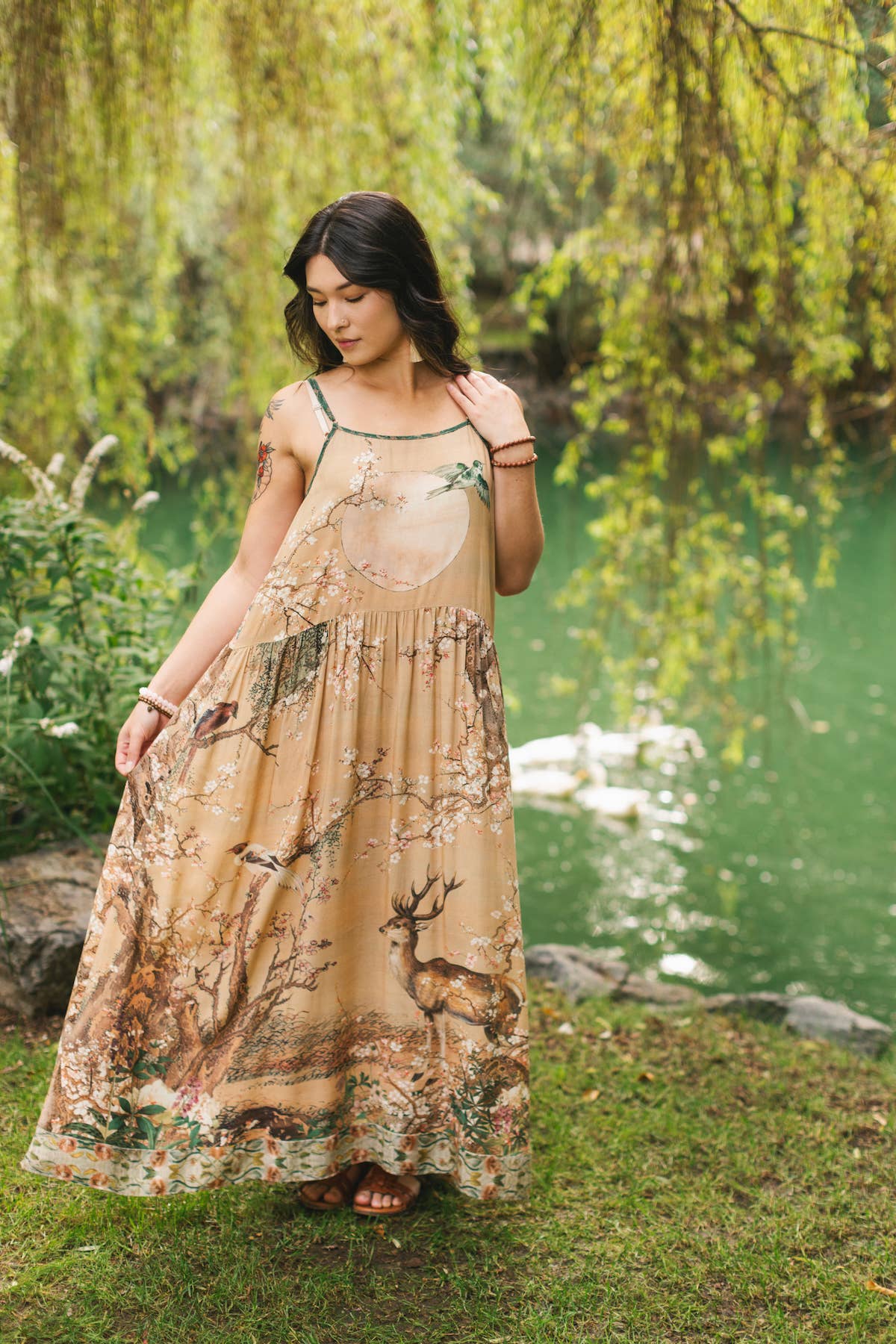 Market of Stars (USA) - Wholesale Dress - Women's - Fable Bohéme Long Maxi Slip Dress w/ Blossoms, Deer & Moon